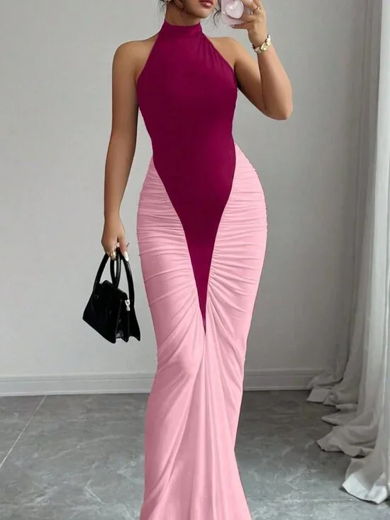 Elegant Multicolor Women's Color Block Fishtail Hem Dress - Picture 1 of 6